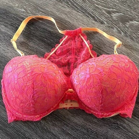 Victoria’s Secret PINK Date Racerback Women’s Push-up Bra Sz 36DD Lace Hot Pink - Picture 1 of 16